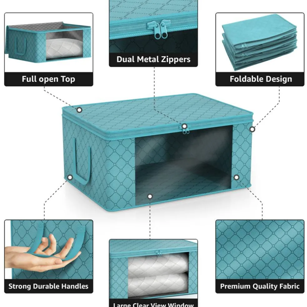 Sorbus Medium Clothes Storage Bags 6 Pack - Foldable Blanket Organizer Bins with Window, Lids, and Handles