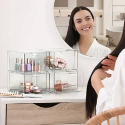 Sorbus 4 Pack Clear Stackable Acrylic Drawer Makeup Organizers - for Vanity, Bathroom, Under Sink, Cabinets, Jewelry, and More