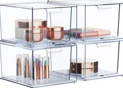 Sorbus 4 Pack Clear Stackable Acrylic Drawer Makeup Organizers - for Vanity, Bathroom, Under Sink, Cabinets, Jewelry, and More