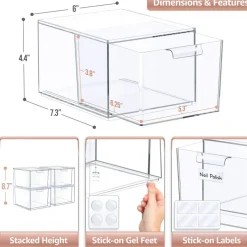 Sorbus 4 Pack Clear Stackable Acrylic Drawer Makeup Organizers - for Vanity, Bathroom, Under Sink, Cabinets, Jewelry, and More