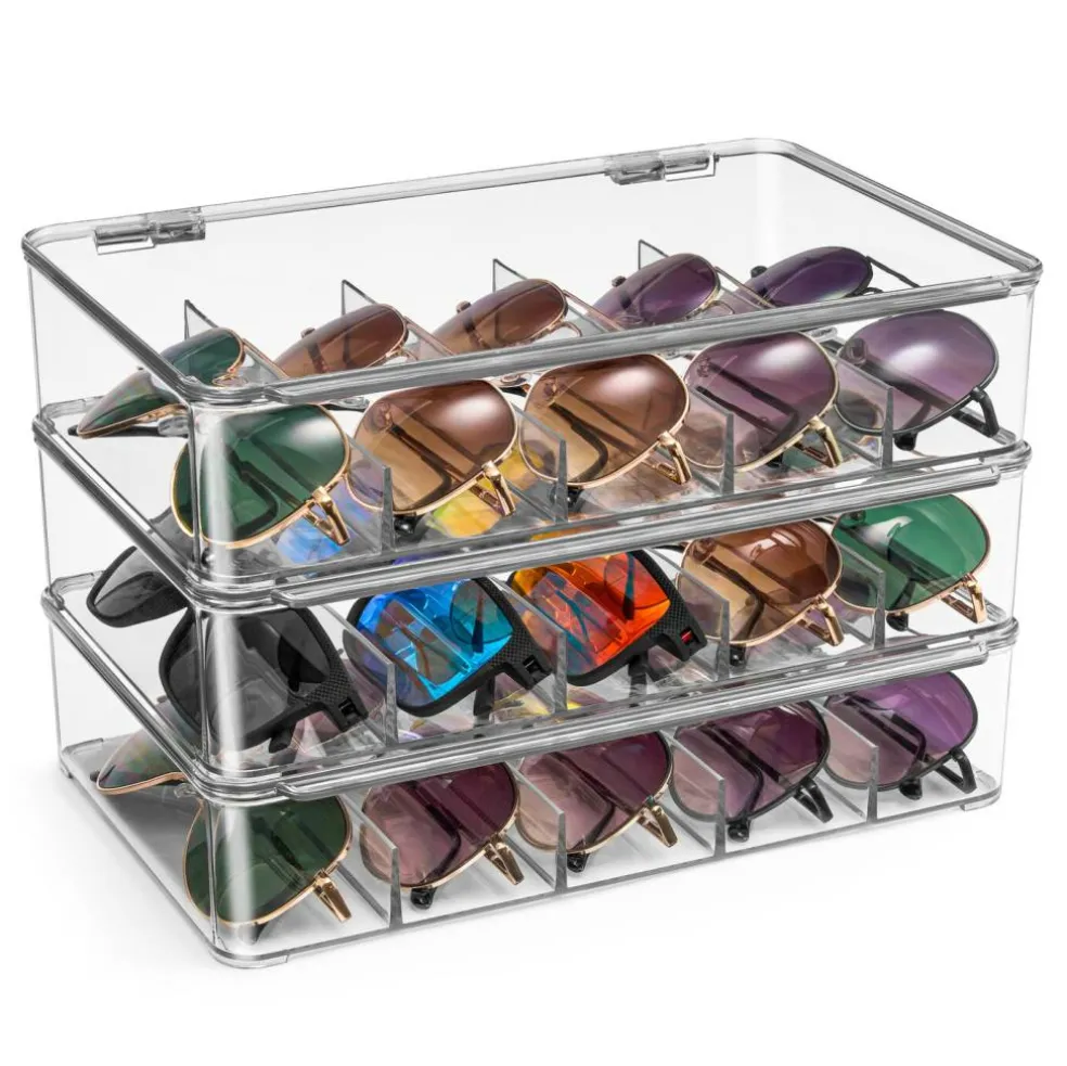 Sorbus Sunglasses Organizer - Plastic Stackable Eyeglass Storage and Display Case for Multiple Glasses with Lid, 3 Pack
