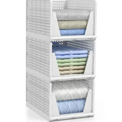 Sorbus 3 Tier Open Front Plastic Stackable Baskets Stand - for Closets, Bedrooms, Bathrooms, or Pantries