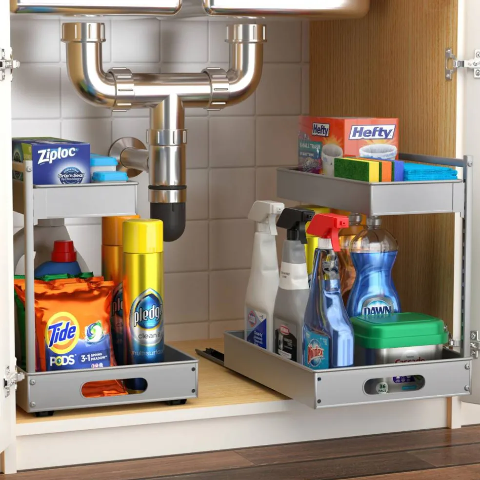 Sorbus Under Sink Organizer with Sliding Tracks and Adhesive Tape - 2-Tier Pull-Out Storage Rack for Kitchen and Bathroom - No Drill Under Sink Organization Storage Cabinet Shelf
