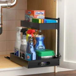 Sorbus Under Sink Organizer with Sliding Tracks and Adhesive Tape - 2-Tier Pull-Out Storage Rack for Kitchen and Bathroom - No Drill Under Sink Organization Storage Cabinet Shelf