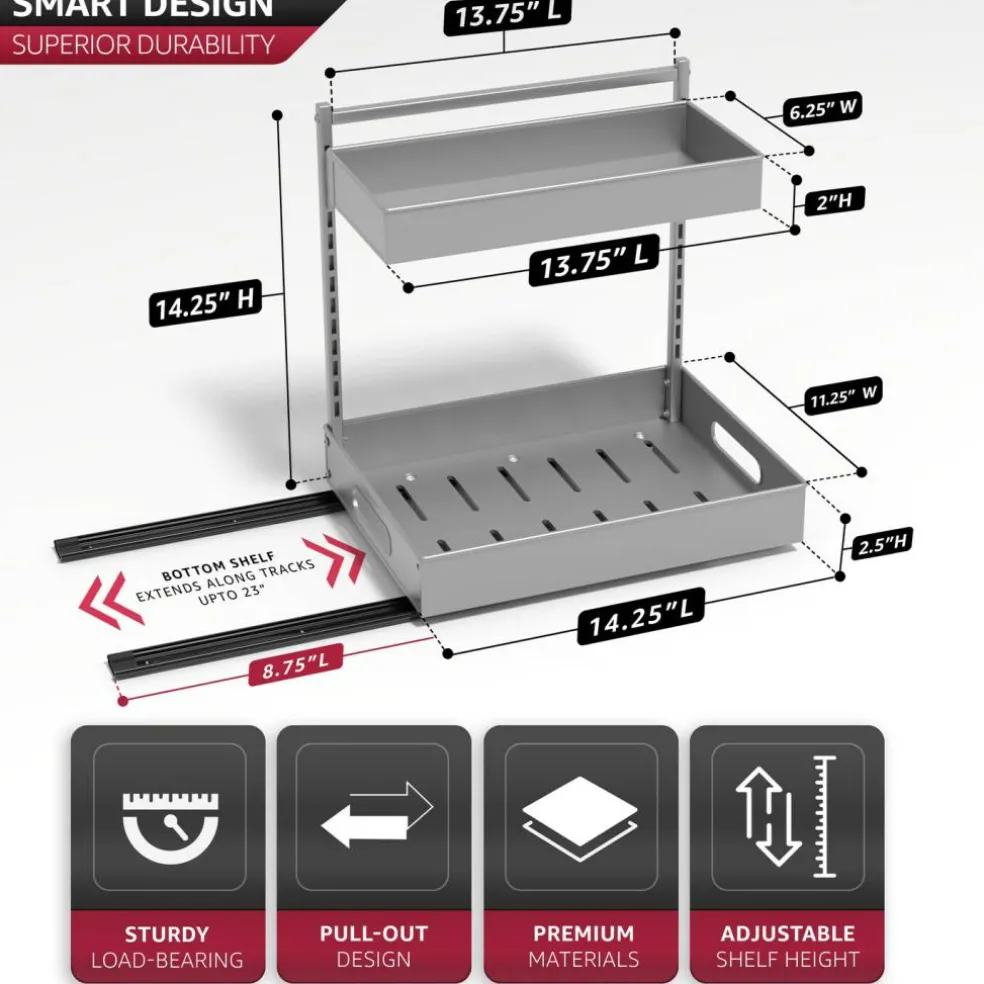 Sorbus Under Sink Organizer with Sliding Tracks and Adhesive Tape - 2-Tier Pull-Out Storage Rack for Kitchen and Bathroom - No Drill Under Sink Organization Storage Cabinet Shelf