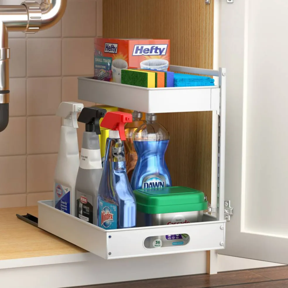 Sorbus Under Sink Organizer with Sliding Tracks and Adhesive Tape - 2-Tier Pull-Out Storage Rack for Kitchen and Bathroom - No Drill Under Sink Organization Storage Cabinet Shelf