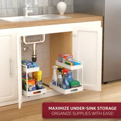 Sorbus Under Sink Organizer with Sliding Tracks and Adhesive Tape - 2-Tier Pull-Out Storage Rack for Kitchen and Bathroom - No Drill Under Sink Organization Storage Cabinet Shelf
