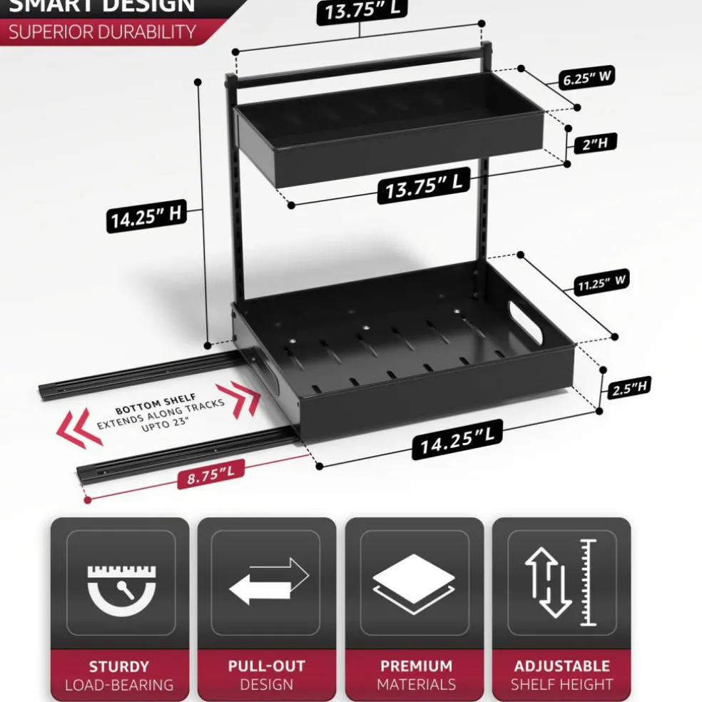 Sorbus Under Sink Organizer with Sliding Tracks and Adhesive Tape - 2-Tier Pull-Out Storage Rack for Kitchen and Bathroom - No Drill Under Sink Organization Storage Cabinet Shelf