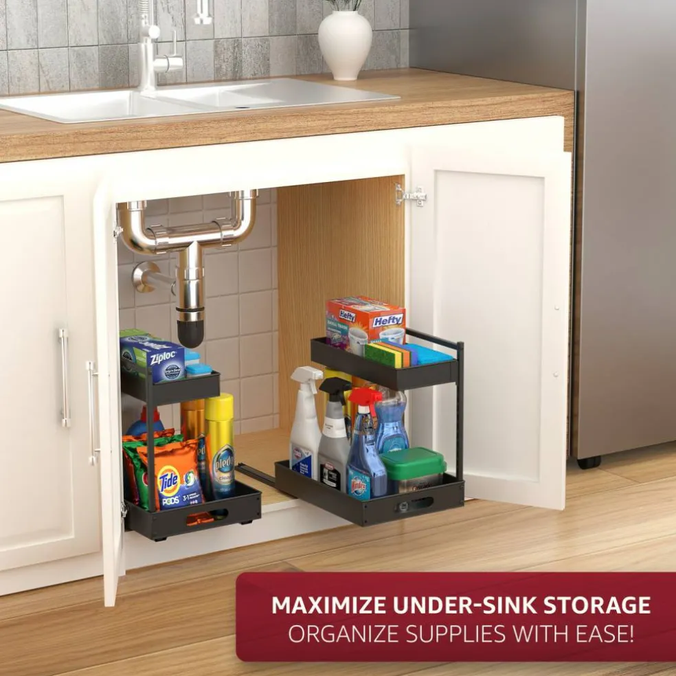 Sorbus Under Sink Organizer with Sliding Tracks and Adhesive Tape - 2-Tier Pull-Out Storage Rack for Kitchen and Bathroom - No Drill Under Sink Organization Storage Cabinet Shelf