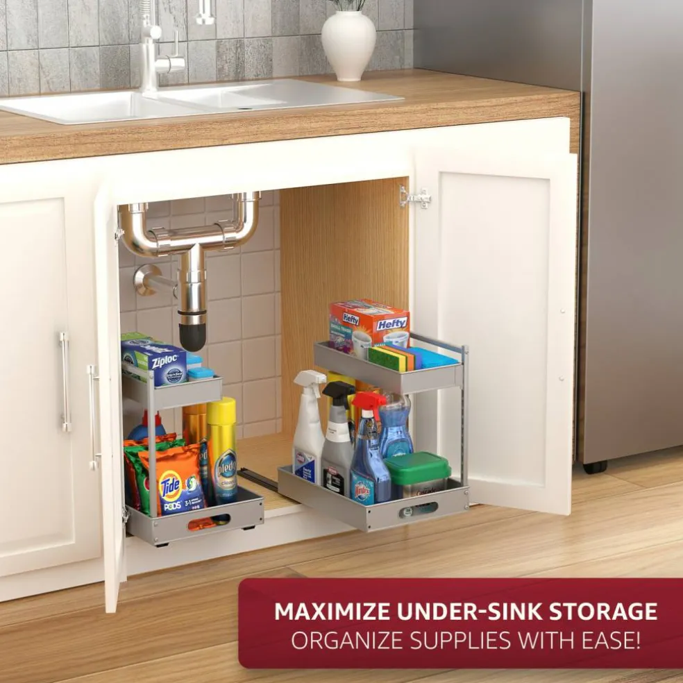 Sorbus Under Sink Organizer with Sliding Tracks and Adhesive Tape - 2-Tier Pull-Out Storage Rack for Kitchen and Bathroom - No Drill Under Sink Organization Storage Cabinet Shelf
