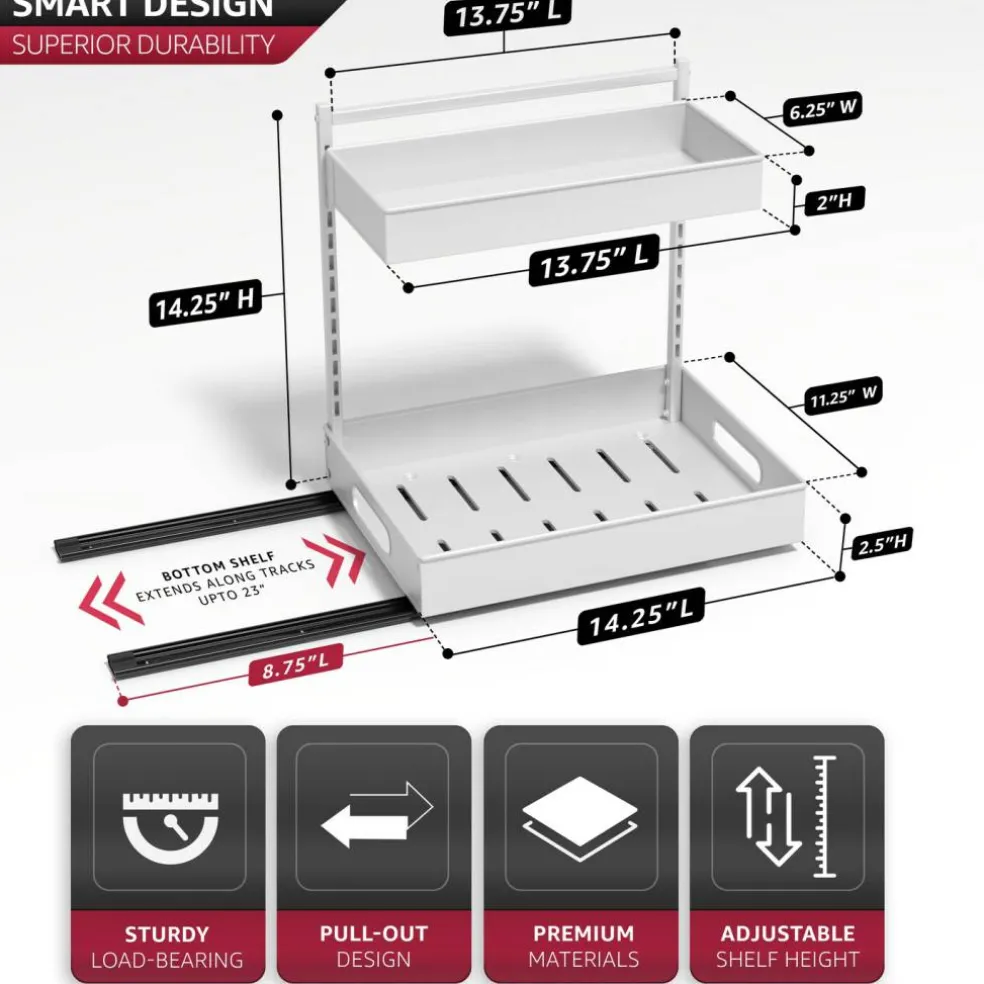 Sorbus Under Sink Organizer with Sliding Tracks and Adhesive Tape - 2-Tier Pull-Out Storage Rack for Kitchen and Bathroom - No Drill Under Sink Organization Storage Cabinet Shelf
