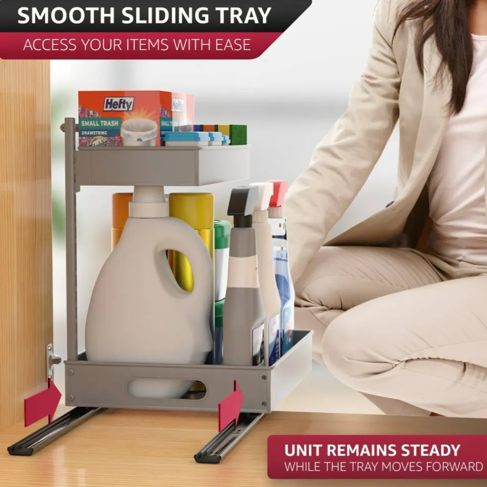 Sorbus Under Sink Organizer with Sliding Tracks and Adhesive Tape - 2-Tier Pull-Out Storage Rack for Kitchen and Bathroom - No Drill Under Sink Organization Storage Cabinet Shelf