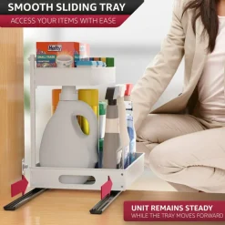 Sorbus Under Sink Organizer with Sliding Tracks and Adhesive Tape - 2-Tier Pull-Out Storage Rack for Kitchen and Bathroom - No Drill Under Sink Organization Storage Cabinet Shelf