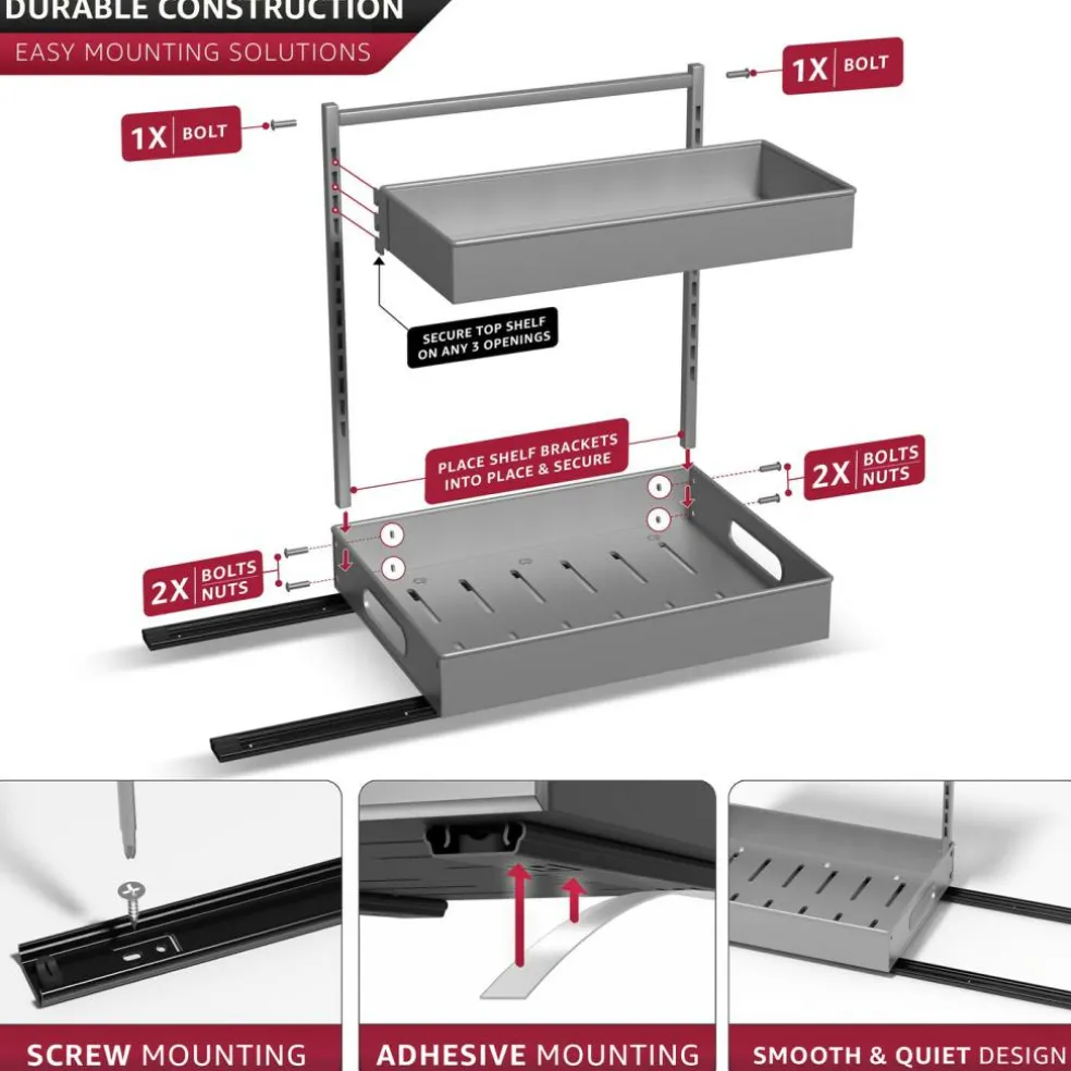 Sorbus Under Sink Organizer with Sliding Tracks and Adhesive Tape - 2-Tier Pull-Out Storage Rack for Kitchen and Bathroom - No Drill Under Sink Organization Storage Cabinet Shelf