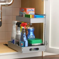 Sorbus Under Sink Organizer with Sliding Tracks and Adhesive Tape - 2-Tier Pull-Out Storage Rack for Kitchen and Bathroom - No Drill Under Sink Organization Storage Cabinet Shelf