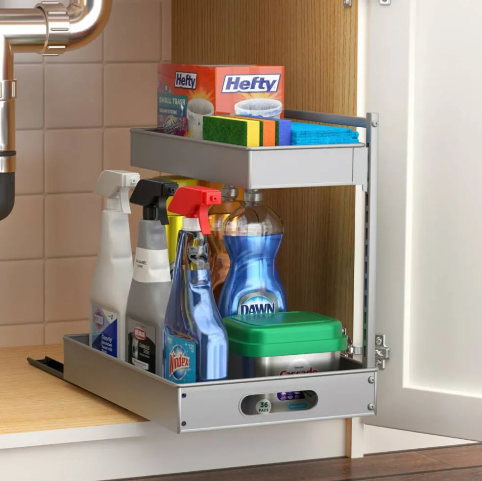Sorbus Under Sink Organizer with Sliding Tracks and Adhesive Tape - 2-Tier Pull-Out Storage Rack for Kitchen and Bathroom - No Drill Under Sink Organization Storage Cabinet Shelf