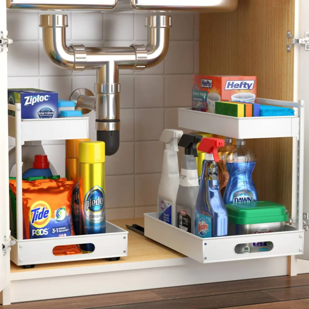 Sorbus Under Sink Organizer with Sliding Tracks and Adhesive Tape - 2-Tier Pull-Out Storage Rack for Kitchen and Bathroom - No Drill Under Sink Organization Storage Cabinet Shelf