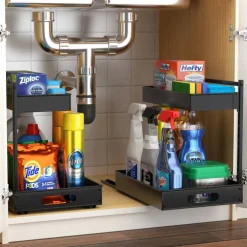 Sorbus Under Sink Organizer with Sliding Tracks and Adhesive Tape - 2-Tier Pull-Out Storage Rack for Kitchen and Bathroom - No Drill Under Sink Organization Storage Cabinet Shelf