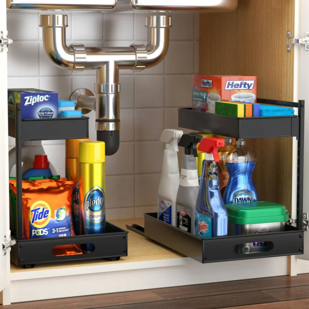 Sorbus Under Sink Organizer with Sliding Tracks and Adhesive Tape - 2-Tier Pull-Out Storage Rack for Kitchen and Bathroom - No Drill Under Sink Organization Storage Cabinet Shelf