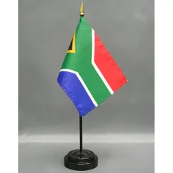 South Africa Desk Flag with Base; American Made Rayon 4x6 inch Miniature Table Set Includes One Small Mini Country Stick Flags and One Black Stand