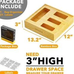 SpaceAid Bag Storage Organizer for Kitchen Drawer, Bamboo Organizer, Compatible with Gallon, Quart, Sandwich and Snack Variety Size Bag (1 Box 4 Slots)