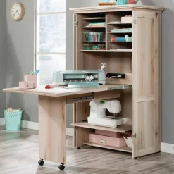 Space-Saving Armoire with Drop Leaf Desk and Adjustable Shelves for Home Office or Crafting