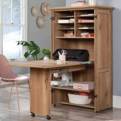 Space-Saving Armoire with Drop Leaf Desk and Adjustable Shelves for Home Office or Crafting