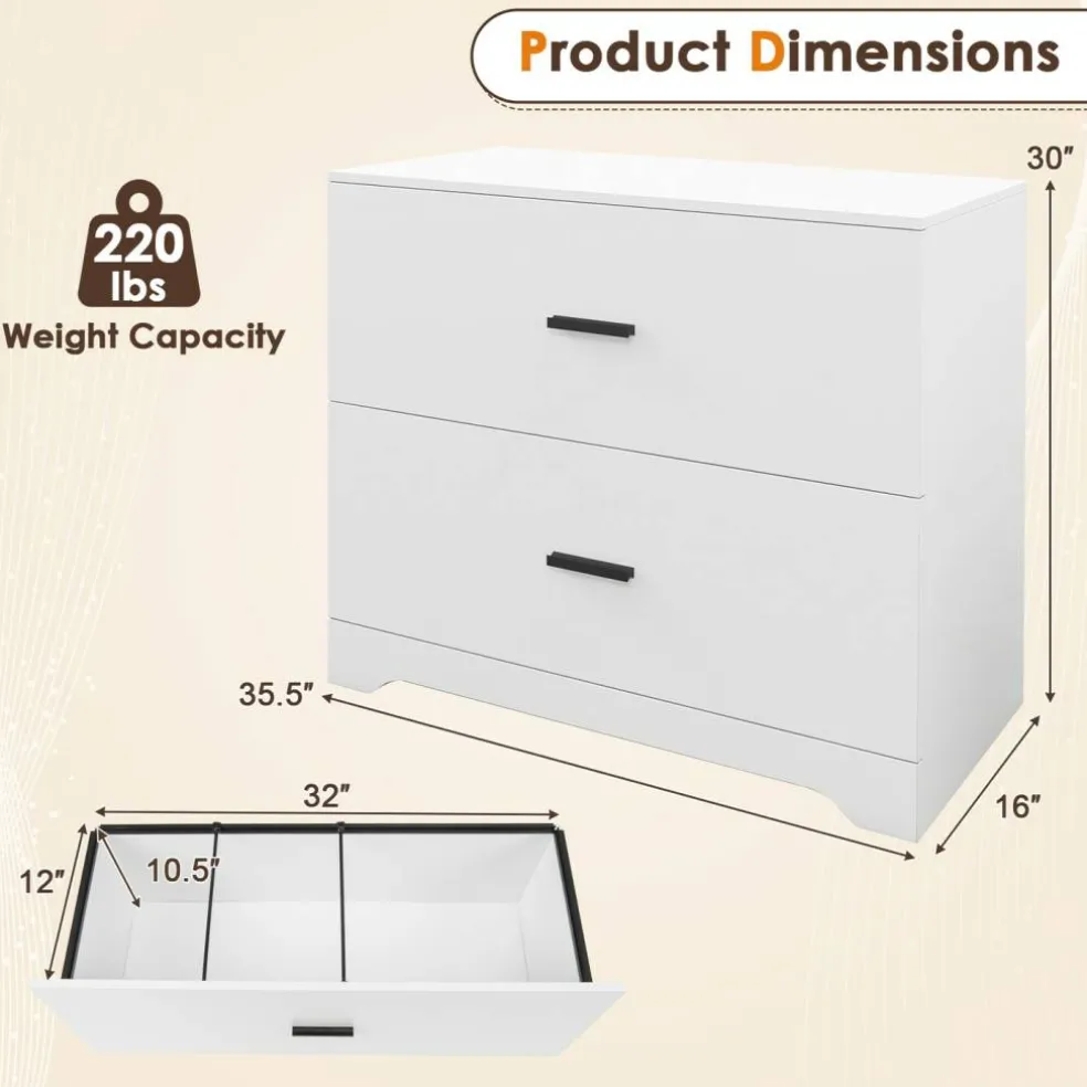 Space Saving Engineered Wood File Cabinet with 2 Drawers Large Storage Capacity for Office or Home Use