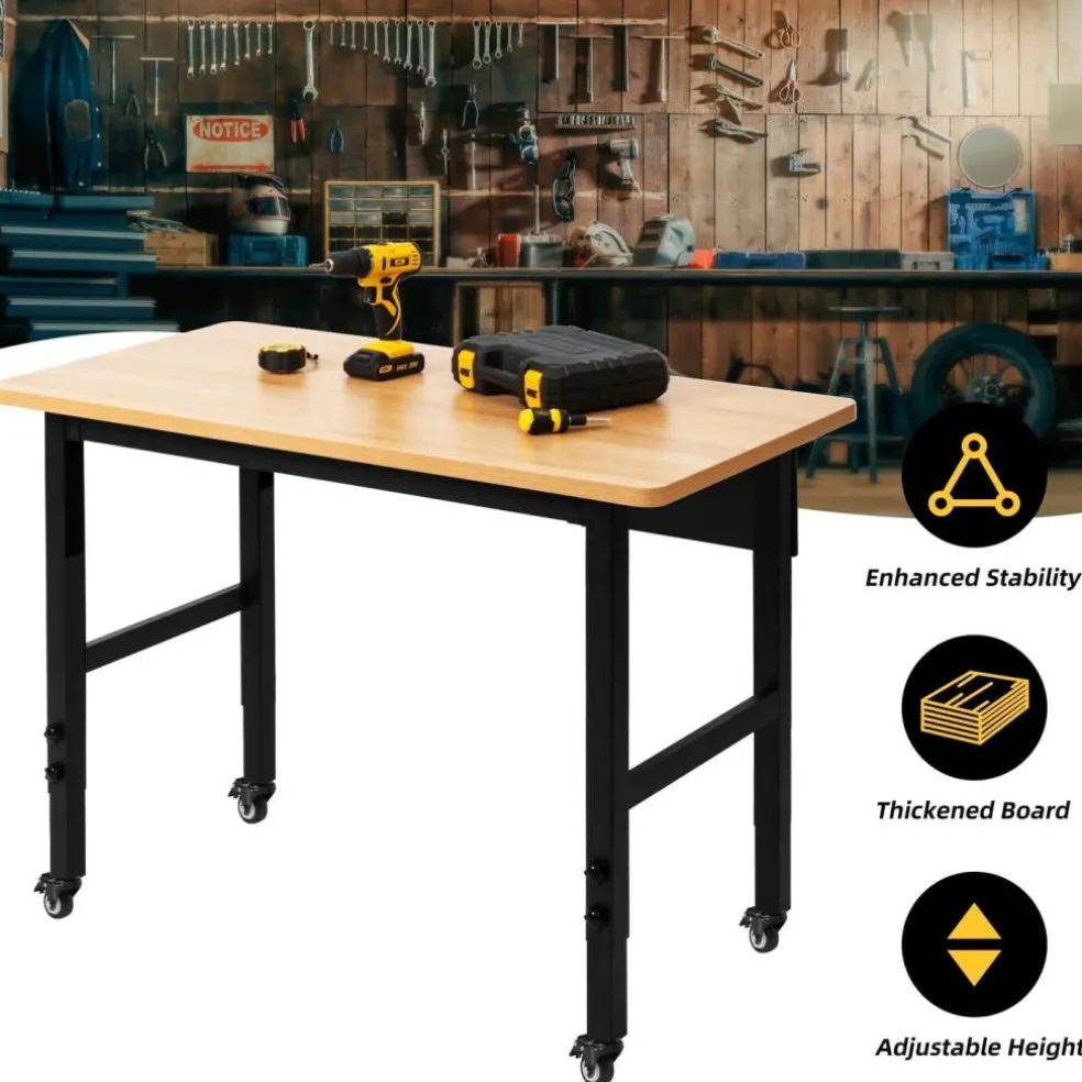 spanspace 48" Adjustable Heavy-Duty Workbench, Hardwood Top Worktable with Locking Universal Wheels & Metal Frame,Workshop Garage Table