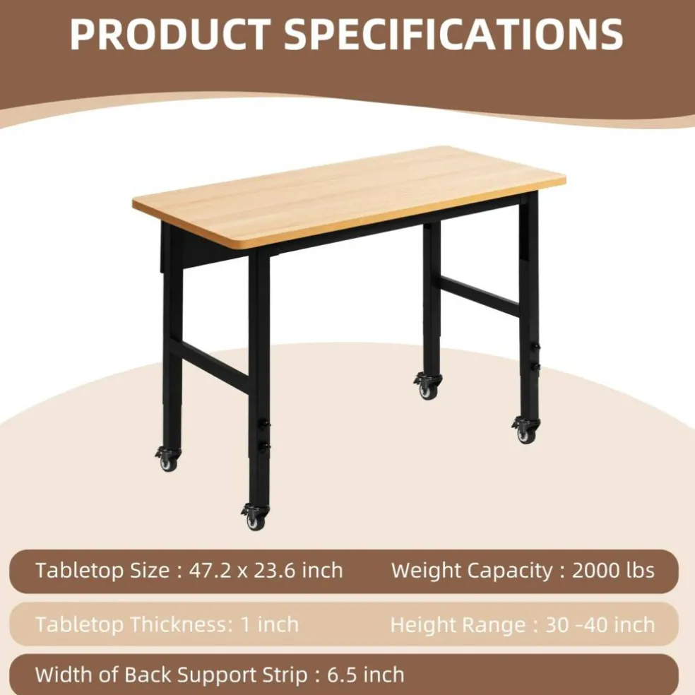 spanspace 48" Adjustable Heavy-Duty Workbench, Hardwood Top Worktable with Locking Universal Wheels & Metal Frame,Workshop Garage Table