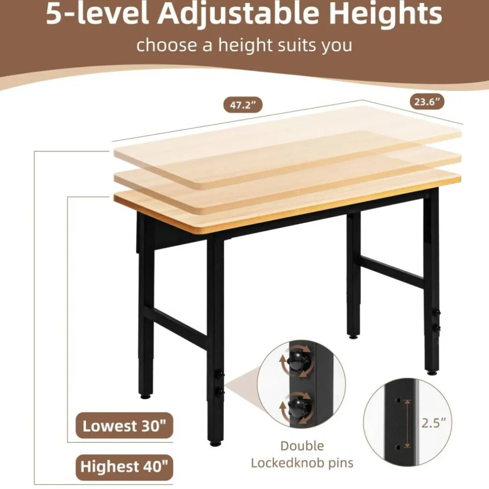 spanspace 48" Heavy-Duty Adjustable Workbench, Multi-Purpose Hardwood Top Worktable with Metal Frame & Foot Pads,2000 lbs Load Capacity