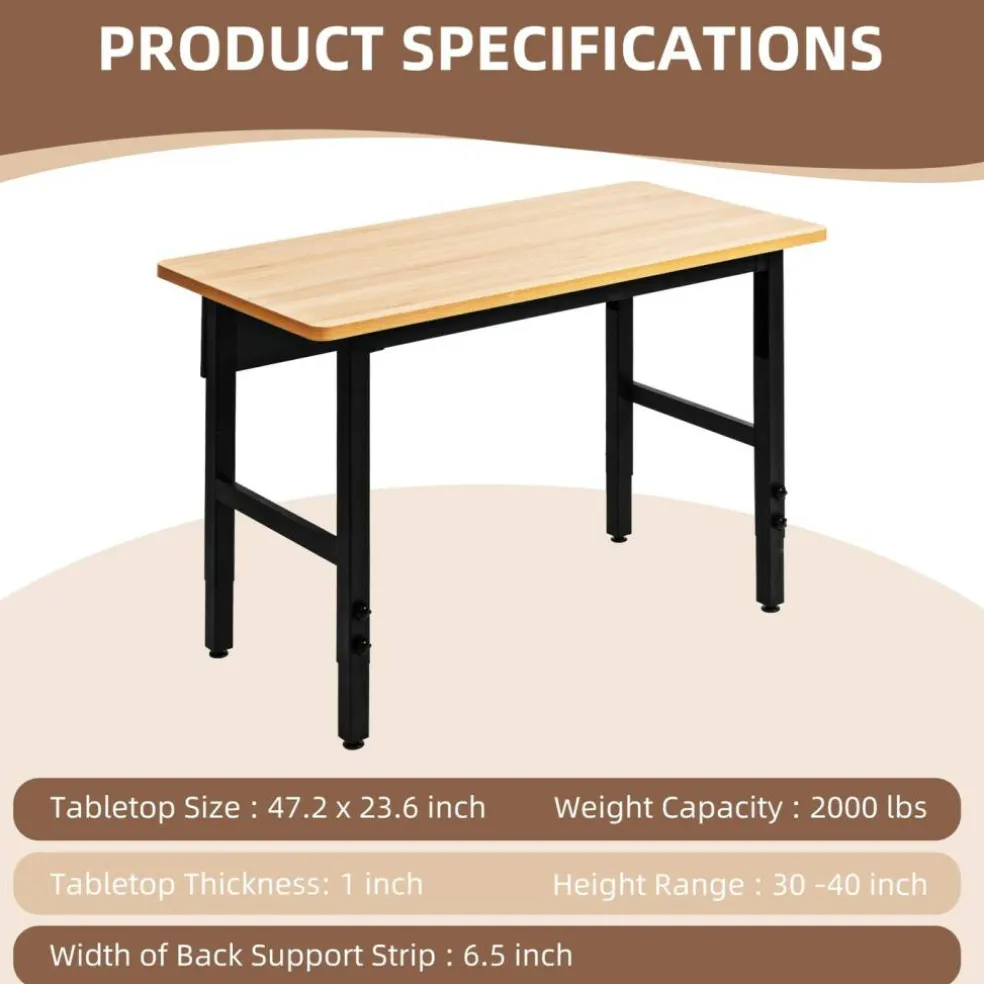 spanspace 48" Heavy-Duty Adjustable Workbench, Multi-Purpose Hardwood Top Worktable with Metal Frame & Foot Pads,2000 lbs Load Capacity