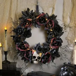 Spooky Dead Roses Skull Light-Up Halloween Wreath 23 1/2 Inches