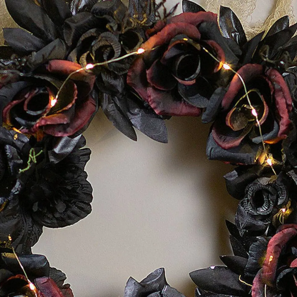Spooky Dead Roses Skull Light-Up Halloween Wreath 23 1/2 Inches