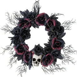 Spooky Dead Roses Skull Light-Up Halloween Wreath 23 1/2 Inches