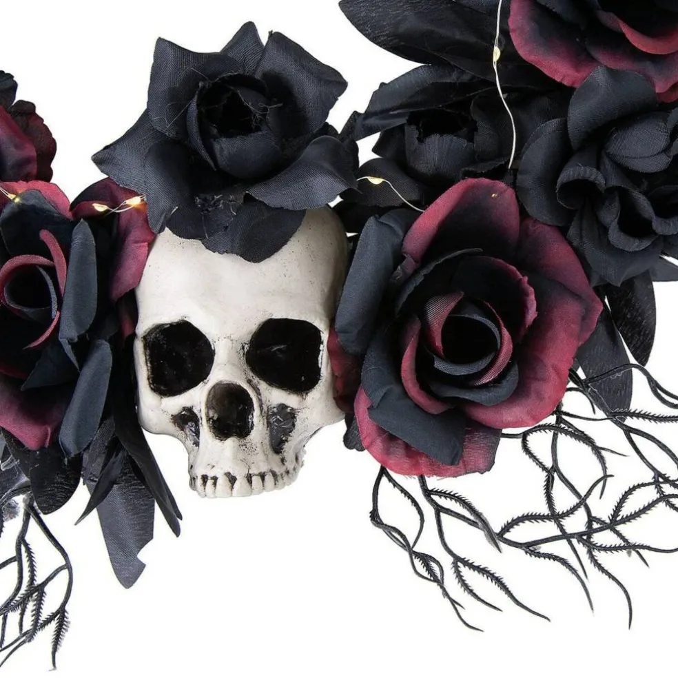 Spooky Dead Roses Skull Light-Up Halloween Wreath 23 1/2 Inches