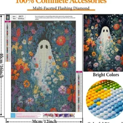 Spooky Halloween Ghost Diamond Painting Kit for Adults 12x16 Inch, DIY Gem Art Craft Set, Halloween Diamond Art Kit for Wall Decor, Stress Relief Craft Gift