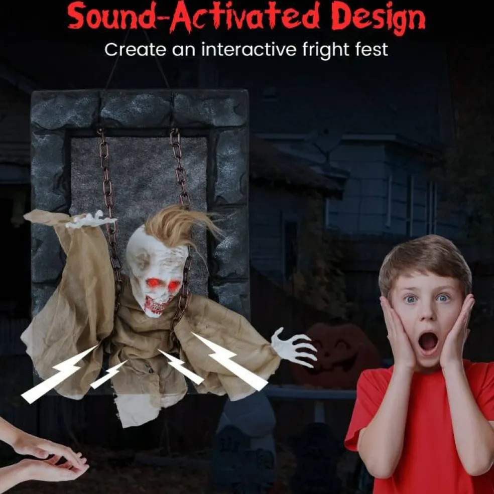 Spooky Hanging Zombie Prisoner Decor for Halloween with Creepy Sounds and Moving Features