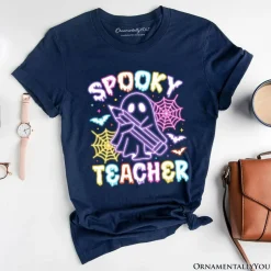 Spooky Teacher Neon Ghost T-Shirt, Retro Halloween Tee for Educators