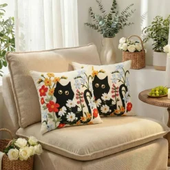 Spring Summer Black Cat Embroidered Throw Pillow Covers Set of 2, 18x18 Inch Floral Tufted Linen Cushion Cases, Colorful Flower Decorative Pillow Covers for Sofa Couch Bedroom Home Decor