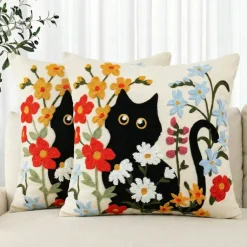 Spring Summer Black Cat Embroidered Throw Pillow Covers Set of 2, 18x18 Inch Floral Tufted Linen Cushion Cases, Colorful Flower Decorative Pillow Covers for Sofa Couch Bedroom Home Decor