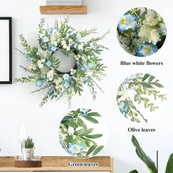 Spring Summer Wreaths for Front Door, 24 Inch Summer Wreath with Blue White Wildflower, Wreath for Farmhouse Outdoor Porch Home Wall