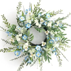 Spring Summer Wreaths for Front Door, 24 Inch Summer Wreath with Blue White Wildflower, Wreath for Farmhouse Outdoor Porch Home Wall
