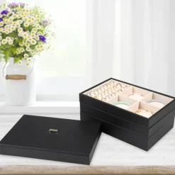 Stackable Jewelry Organizer Tray with Lid, PU Leather Jewelry Storage Holder for Drawer Inserts, Jewellery Display Box Case for Earring Necklace Ring Watch Bracelet (Set of 4, Black)