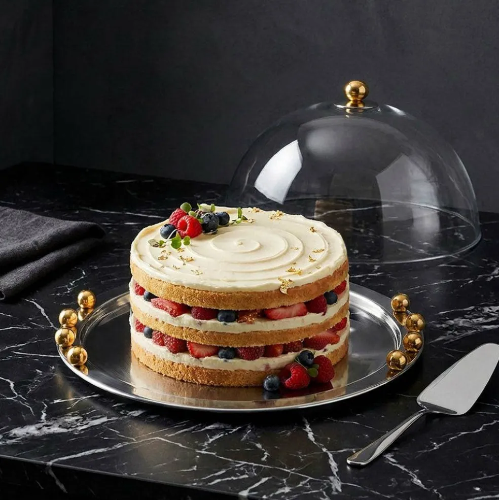 Stainless Steel Cake Dome With Gold Balls