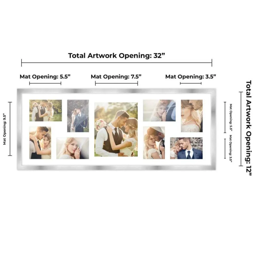 Stainless Steel Silver Wood Finish Collage Frame - White Mat, 20 Frame Sizes to Choose From, UV Acrylic, Wall Hanging Hardware, Vertical or Horizontal Display