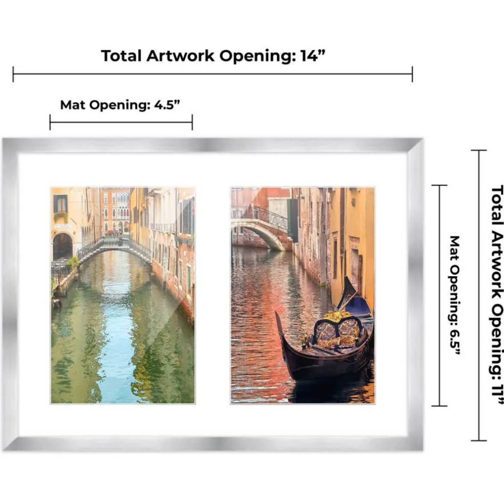 Stainless Steel Silver Wood Finish Collage Frame - White Mat, 20 Frame Sizes to Choose From, UV Acrylic, Wall Hanging Hardware, Vertical or Horizontal Display