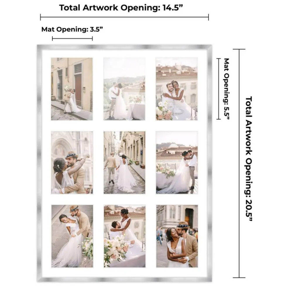 Stainless Steel Silver Wood Finish Collage Frame - White Mat, 20 Frame Sizes to Choose From, UV Acrylic, Wall Hanging Hardware, Vertical or Horizontal Display