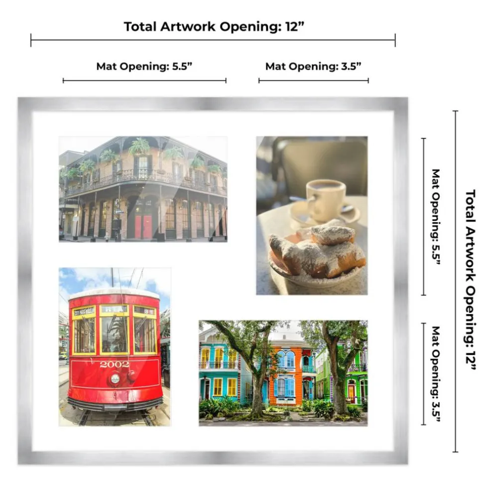 Stainless Steel Silver Wood Finish Collage Frame - White Mat, 20 Frame Sizes to Choose From, UV Acrylic, Wall Hanging Hardware, Vertical or Horizontal Display