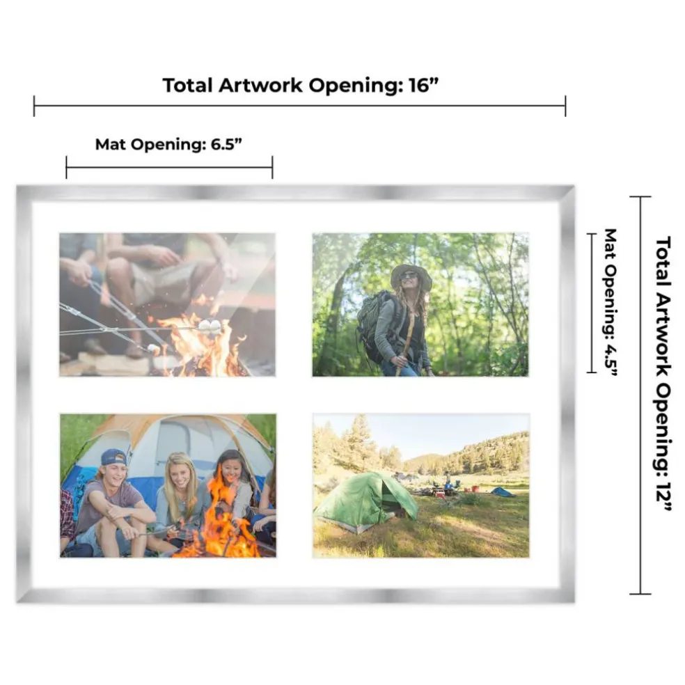 Stainless Steel Silver Wood Finish Collage Frame - White Mat, 20 Frame Sizes to Choose From, UV Acrylic, Wall Hanging Hardware, Vertical or Horizontal Display